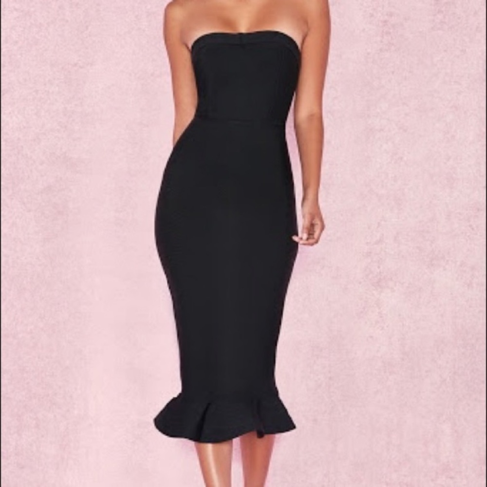 fabrizia black strapless bandage fluted-hem dress